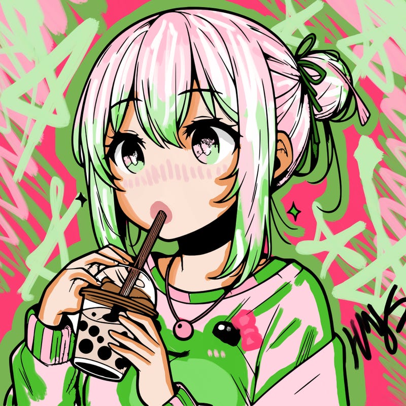 manga character drinking boba