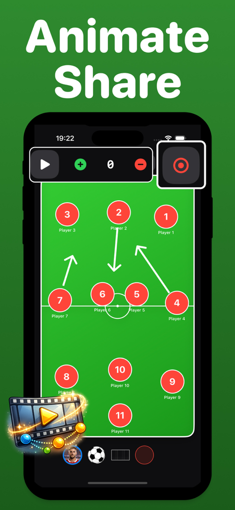 Soccer Coach Lineup : TacBoard - Interfaz de la aplicación TacBoard que muestra secuencias tácticas de fútbol animadas y flechas de movimiento de jugadores.
