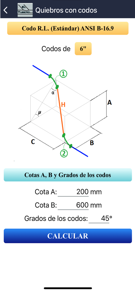 Pantalla de la aplicación El Tubero 2.0 que muestra la interfaz de cálculo para desajustes de codo de tubería con un diagrama 3D