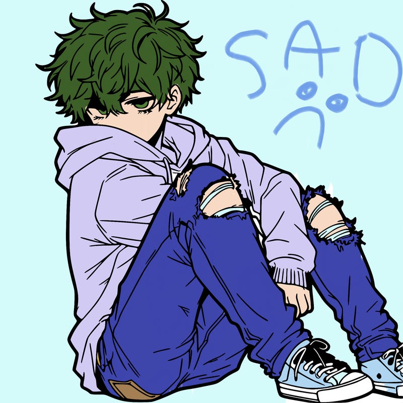 a male hoddie ripped jeans messy hair anime