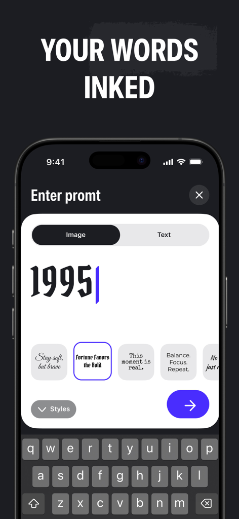 InkGen: Tattoo AI Design Maker - Ein Smartphone-Bildschirm, der die InkGen-App-Oberfläche zur Erstellung individueller Tattoo-Designs aus Texteingaben zeigt.