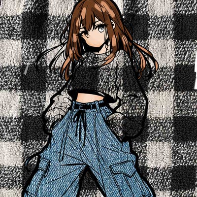 anime teen girl with baggy pants and crop top with sweater
