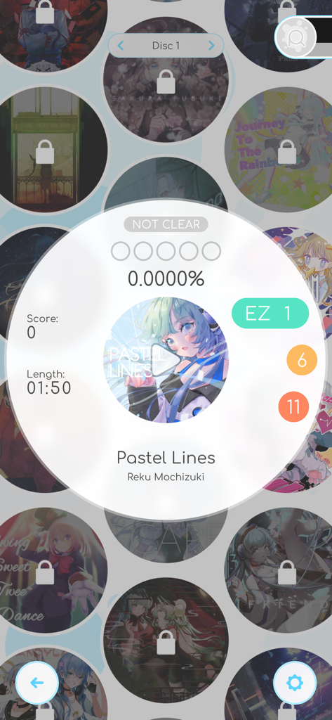 Rizline - Songauswahl-Bildschirm im Rizline Rhythmusspiel, der den Track Pastel Lines von Reku Mochizuki zeigt