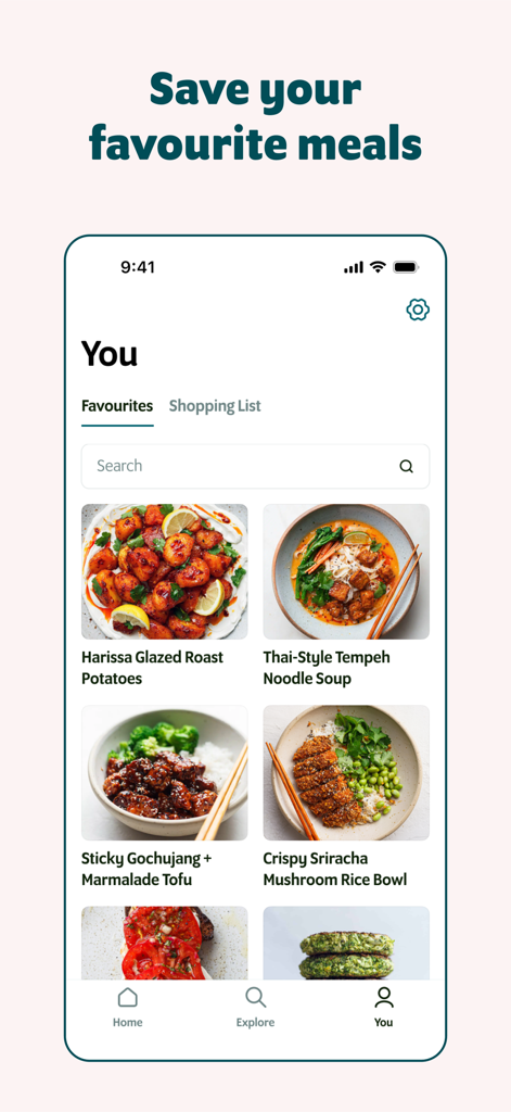 Capture d'écran de l'écran des favoris de l'application SO VEGAN affichant des recettes végétaliennes enregistrées comme la soupe de nouilles et les bols de tofu