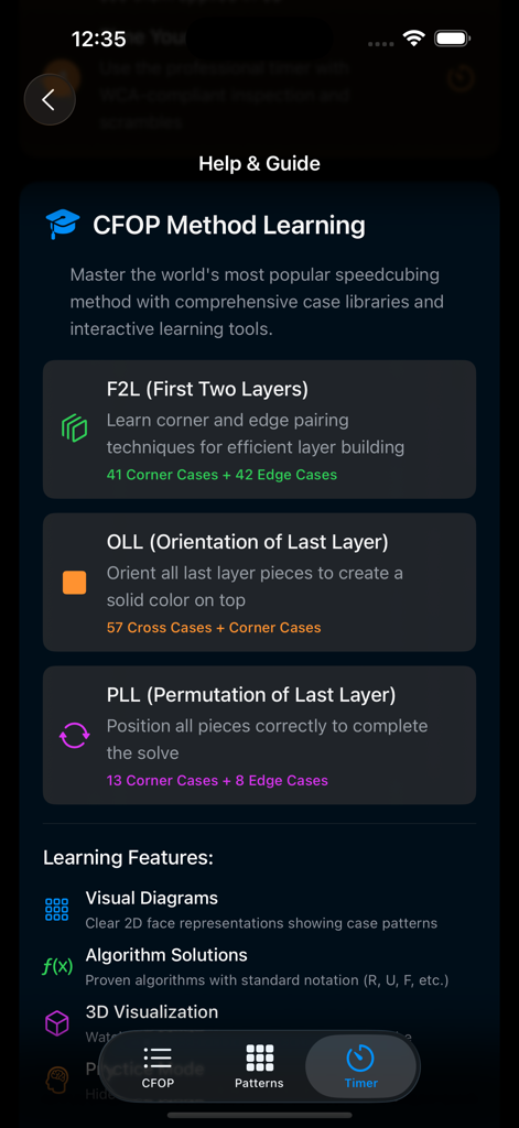 CFOP method learning guide screen showing F2L OLL and PLL sections