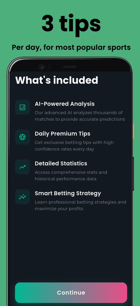 Captura de tela do aplicativo AI Sports Predictions Pro mostrando recursos incluídos como análise de IA e dicas diárias