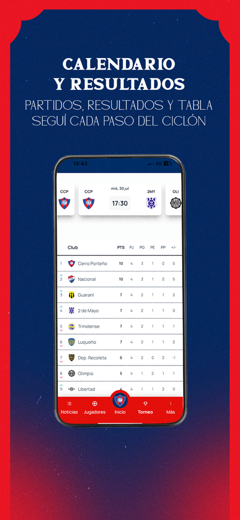 Club Cerro Porteño - Smartphone screen showing the Club Cerro Porteño app league standings and match schedule.