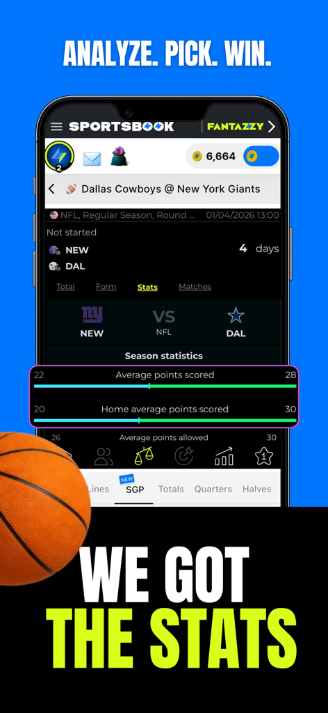 Thrillzz Fun Social Sportsbook - Captura de tela do aplicativo Thrillzz mostrando estatísticas detalhadas de jogos da NFL e pontos médios marcados para previsões esportivas