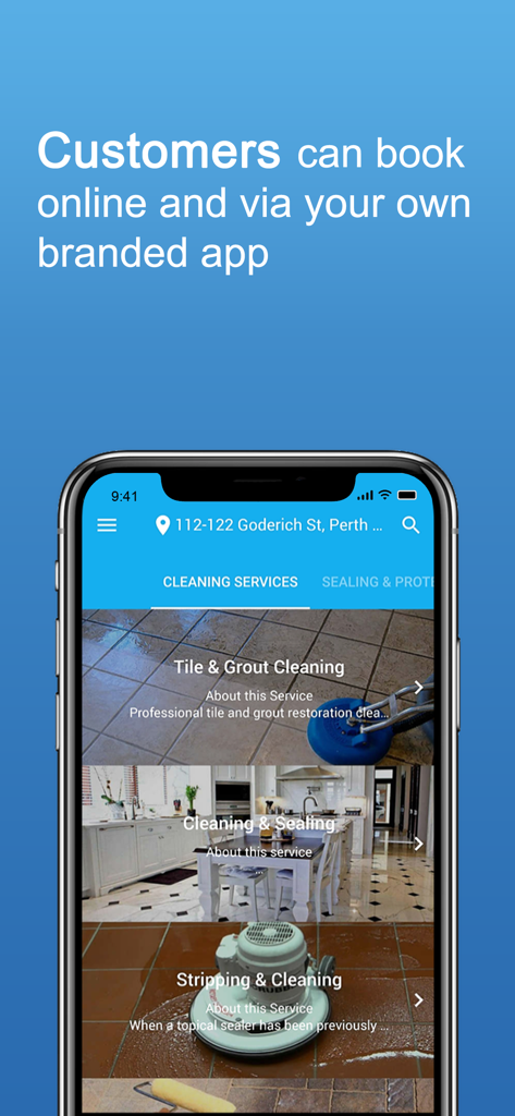 OctopusPro - A smartphone displaying a custom branded app interface for booking cleaning services.