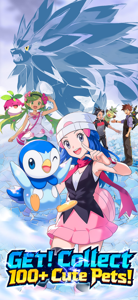 Anime trainers and colorful pets in MegaPets Converge with text promising to collect over 100 cute pets.