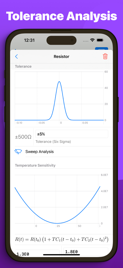 Breadpad - SPICE Simulator - Breadpad app interface showing resistor tolerance analysis and temperature sensitivity graphs