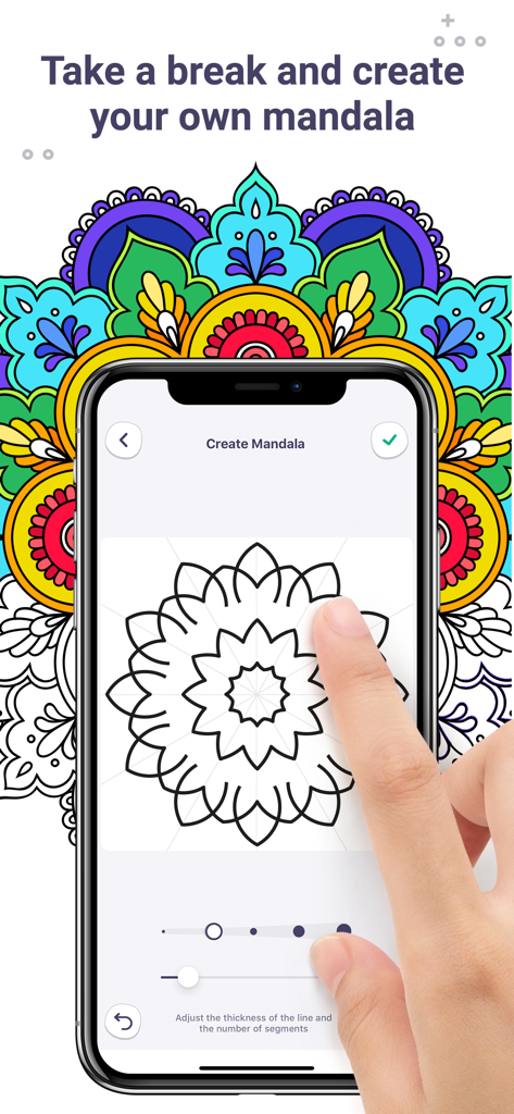 Coloring Book for Me - A user drawing a custom mandala on a smartphone screen in the Coloring Book for Me app.