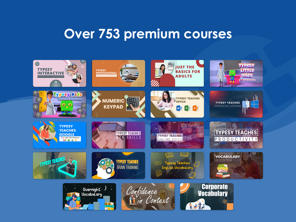 A grid showcasing a diverse library of over 753 premium courses for typing, vocabulary, and professional productivity.