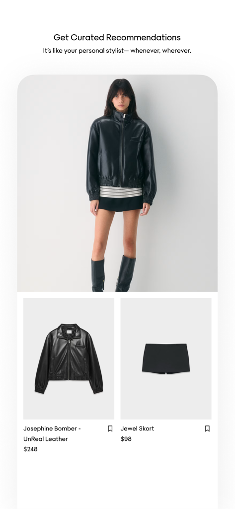 Aritzia - Pantalla de la app Aritzia que muestra recomendaciones de estilo curadas con una chaqueta bomber de cuero y una falda pantalón negra