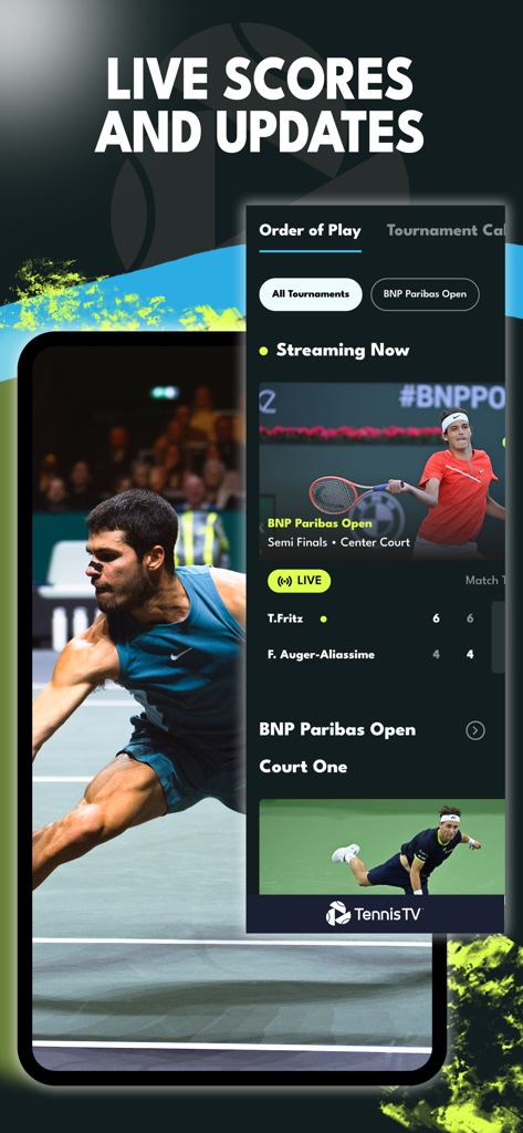 Tennis TV - Live Streaming - Interfaz de la aplicación Tennis TV que muestra marcadores ATP en vivo y actualizaciones de partidos