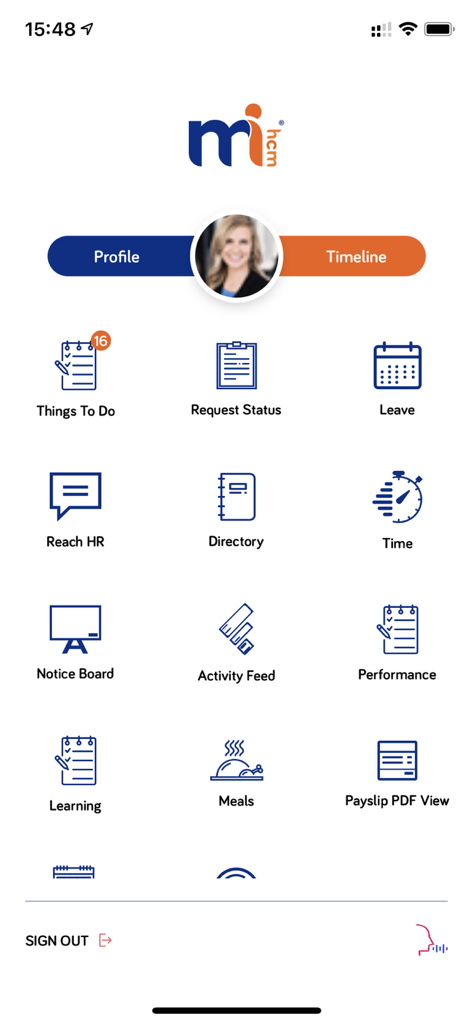 MiHCM mobile app home screen featuring employee self-service icons for leave time and payslips