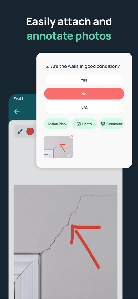 Mobile interface of GoAudits app demonstrating photo attachment and annotation for a building inspection.