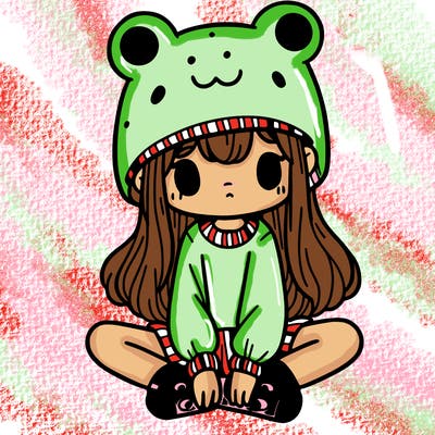 a girl wearing a frog hat and some frog socks