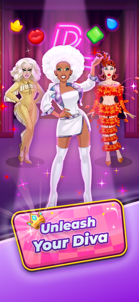 RuPaul's Drag Race Match Queen - Three animated drag queens posing in glamorous outfits on a stage with a banner that says Unleash Your Diva.