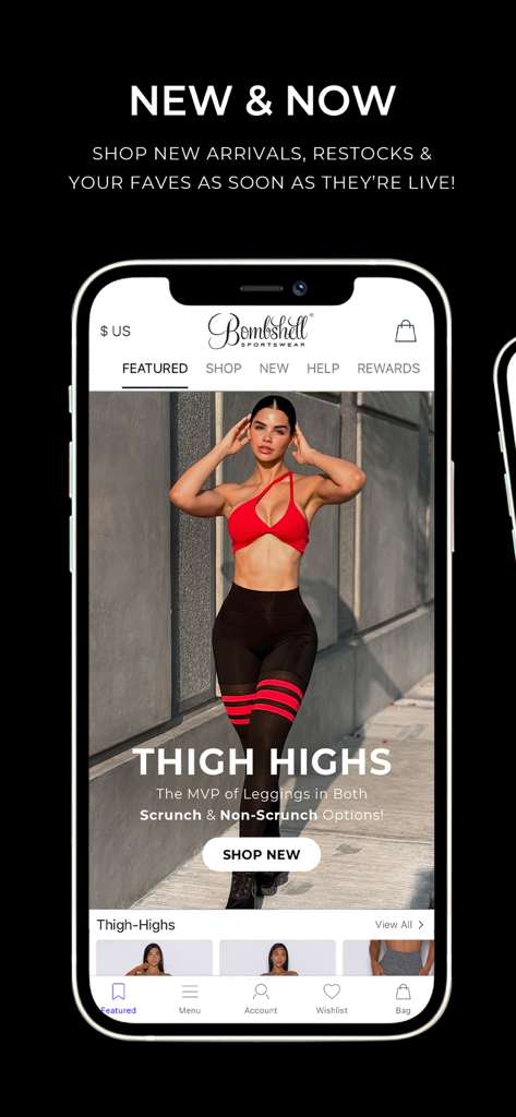 Bombshell Sportswear. - Bombshell Sportswear app showing new thigh-high style leggings with a shop now button.