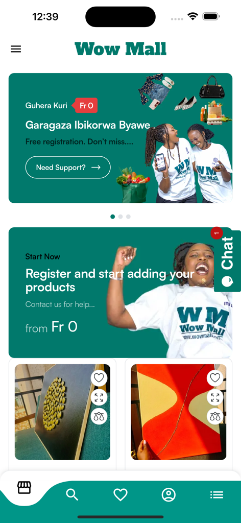Wow_Mall - Wow Mall shopping app interface showcasing local Rwandan products and vendor registration banners