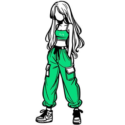 girl in baggy pants crop top and long hair
