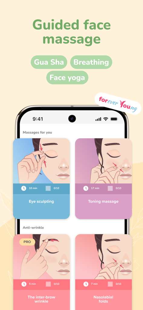 forYou: Face Yoga & Massage - The forYou app interface showing guided face massage routines including eye sculpting, toning, and anti-wrinkle exercises with time durations.