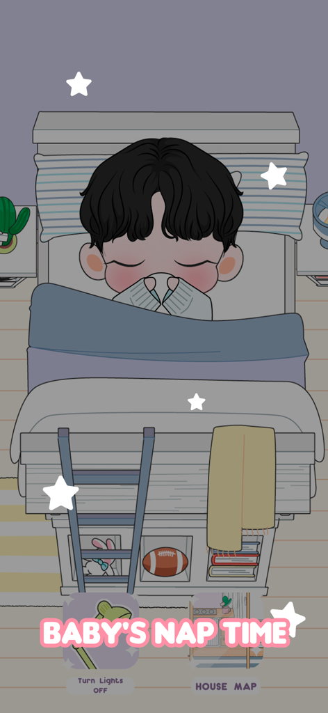 Baby Idol Care & Dress Up - A cute chibi character sleeping in a bed under a blanket with the text Baby's Nap Time
