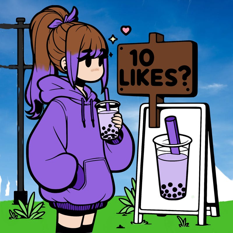 girl with oversized hoodie drinking boba and she has a high ponytail with a sign that says 10likes?