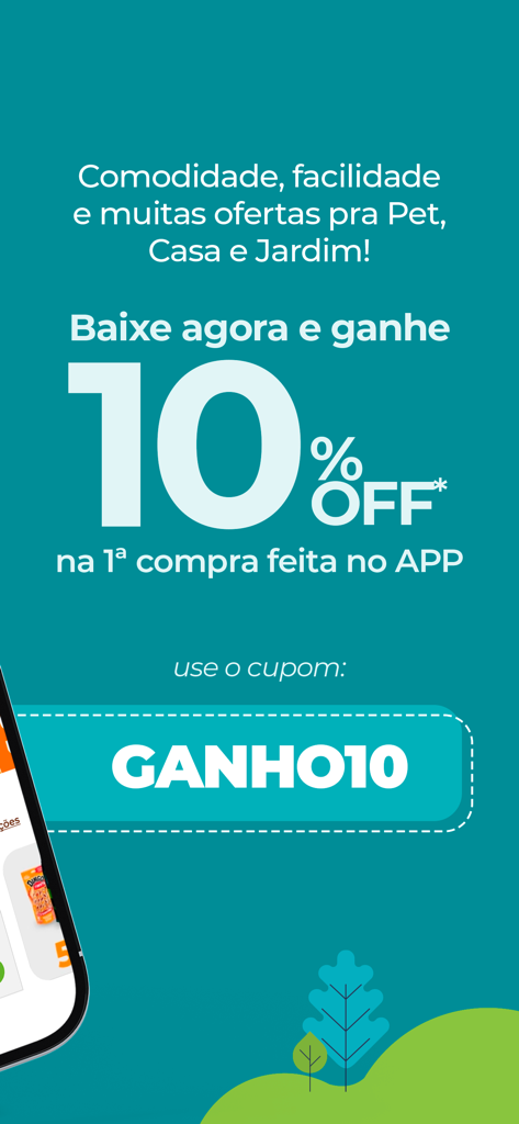 Promotional screen for the Cobasi app offering a 10 percent discount on the first in-app purchase with a coupon code.