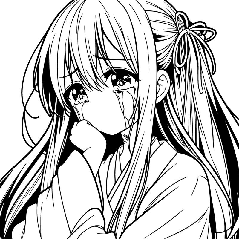 a anime girl crying with long hair and bangs
