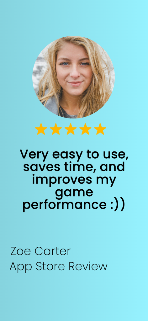 Auto Clicker: Tap Tool - Zoe CarterからのAuto Clicker Tap Toolの5つ星アプリストアレビューで、ゲームパフォーマンスが向上した方法を説明しています。