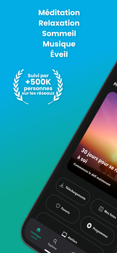 Gaia Meditation app interface showing categories for meditation, relaxation, and sleep with social proof badge.