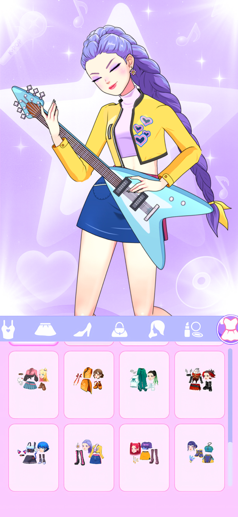 Idol Live: Mini Games Show - A fashion idol with long purple hair playing a blue electric guitar in a dress up game interface