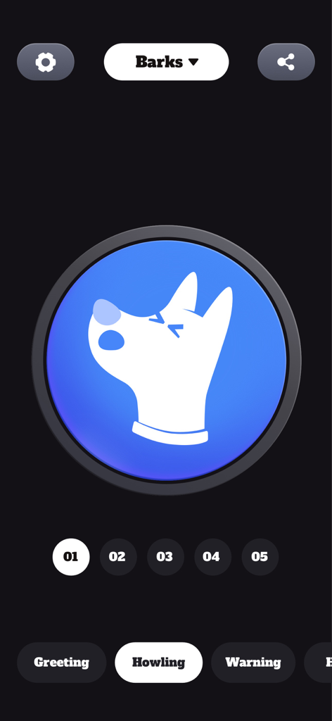 Mobile app screen showing a howling dog icon and category selection for different bark sounds