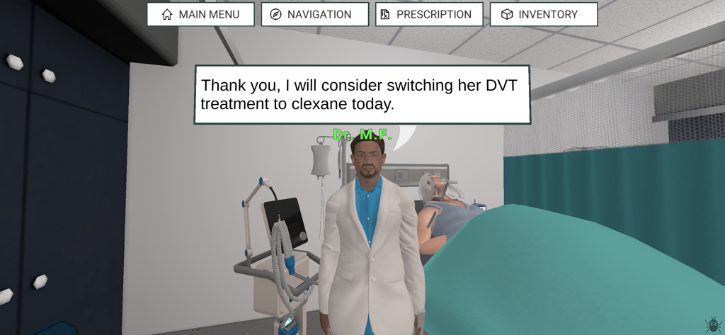 Eine 3D-klinische Simulation eines Apothekers, der in einem Krankenhausflügel mit einem Arzt über einen Patientenmedikationsplan berät