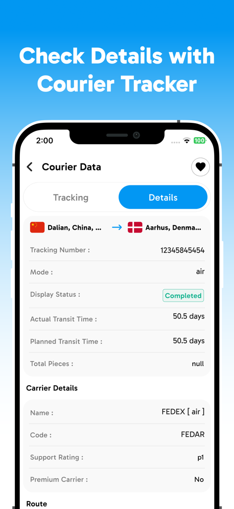 Package Tracker : Courier Info - Courier Data screen showing international FedEx shipment details from China to Denmark with completed status
