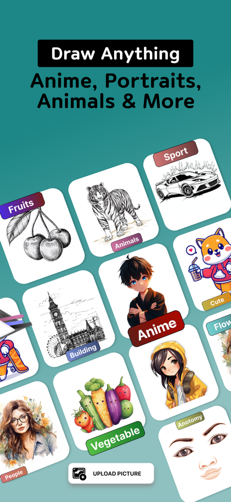 AR Drawing-Draw & Sketch in AR - AR Drawing app interface displaying various sketch templates for anime animals and portraits