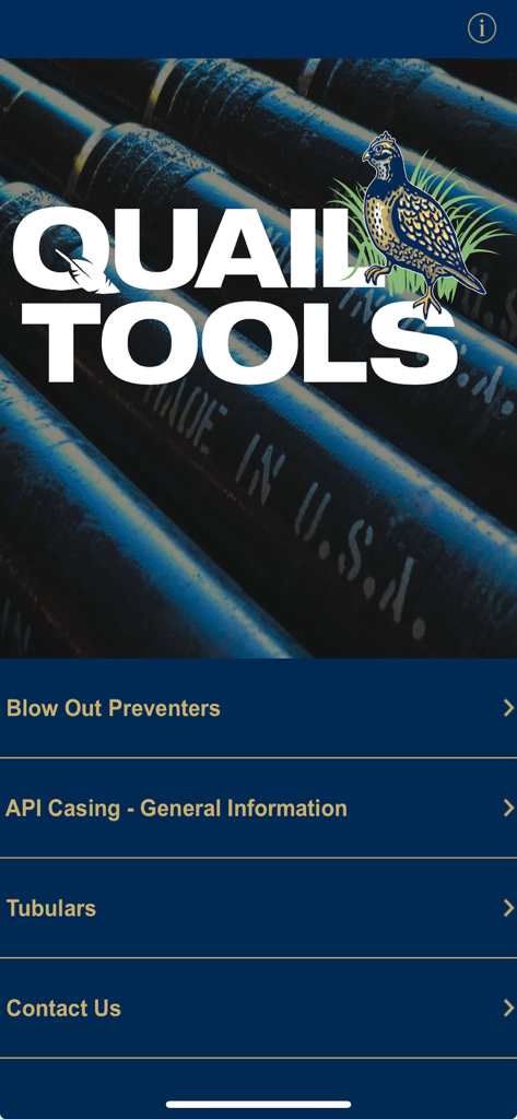 Pantalla de inicio de la aplicación Quail Tools para especificaciones de equipos de yacimientos petrolíferos