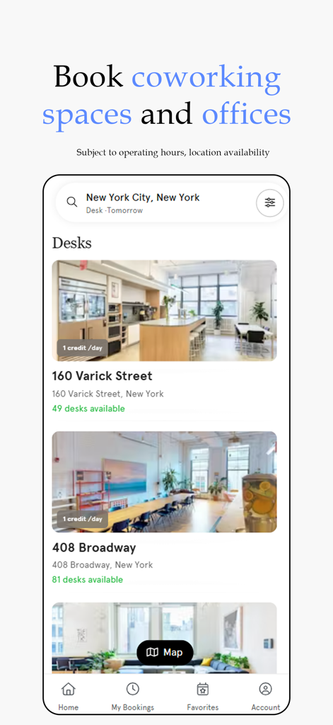 WeWork Mobile App-Oberfläche, die verfügbare Coworking-Schreibtische zur Miete in New York City anzeigt.