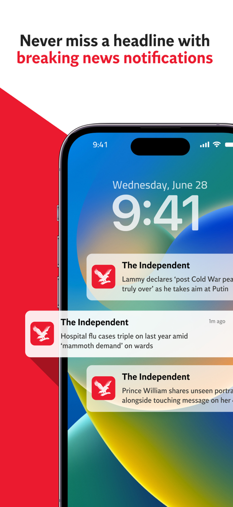 The Independent: Breaking News - The Independentアプリからの複数の速報ニュース通知を表示するiPhoneロック画面。