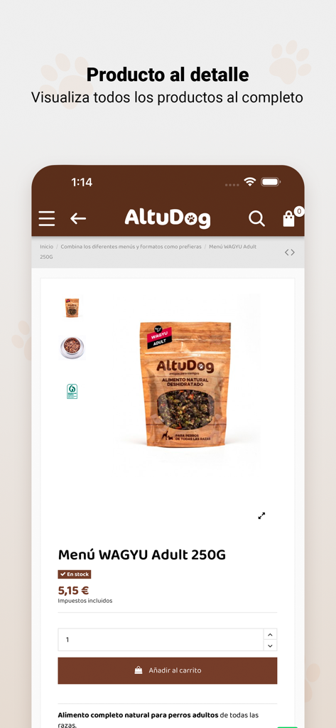Una pantalla de la app móvil que muestra la página de detalle del producto de comida natural deshidratada AltuDog Wagyu Adult, incluyendo precio y botón de añadir al carrito.