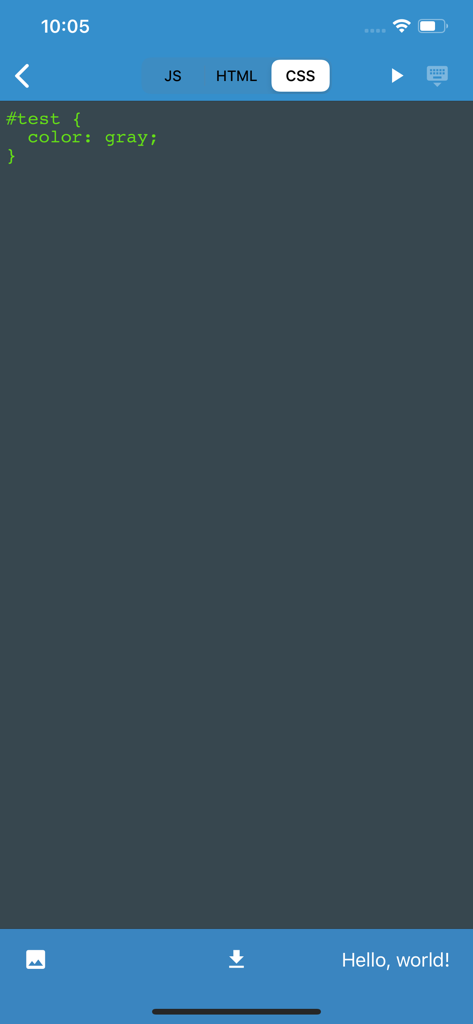 JavaScript Anywhere JSAnywhere - JavaScript Anywhere mobile app showing a minimalist CSS editor with dark mode and a code snippet