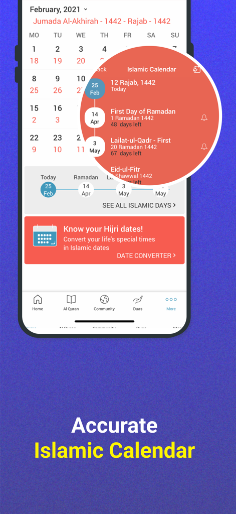 Athan: Prayer Times & Al Quran - Interface of the Athan app showing the accurate Islamic calendar and Hijri date converter
