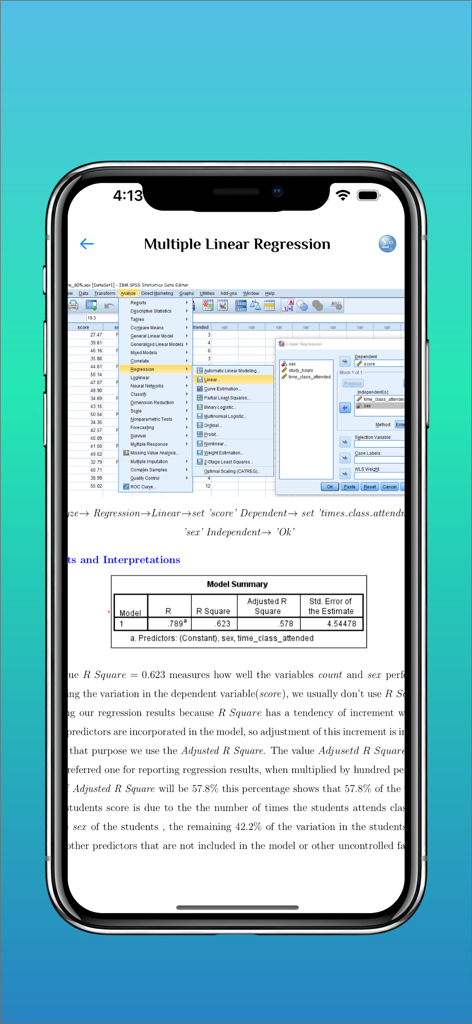 Ein mobiler Bildschirm, der eine Schritt-für-Schritt-Anleitung für multiple lineare Regression in SPSS zeigt, einschließlich einer Modellzusammenfassungstabelle und der Navigation im Softwaremenü