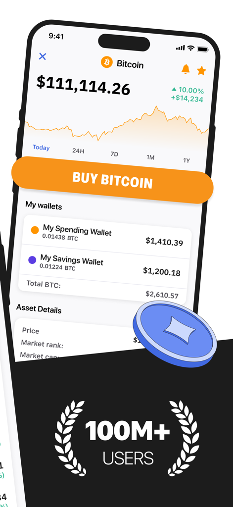 Bitcoin.com Wallet: Buy, sell - Bitcoin.com ウォレットのモバイルアプリインターフェースが、ビットコインの価格追跡とユーザーのウォレット残高を表示