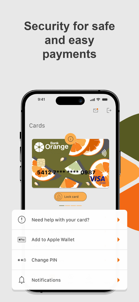 Bank Orange - Interfaccia dell'app Bank Orange che mostra le funzionalità di sicurezza e gestione della carta Visa Debit.