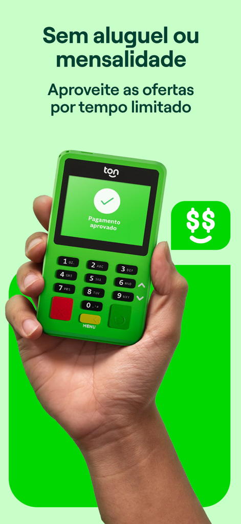 A hand holding a green Ton card payment machine with a successful transaction screen