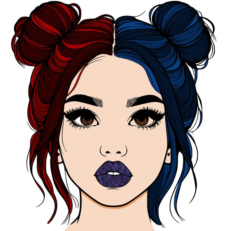 realistic girl with two buns on her hair and lips
