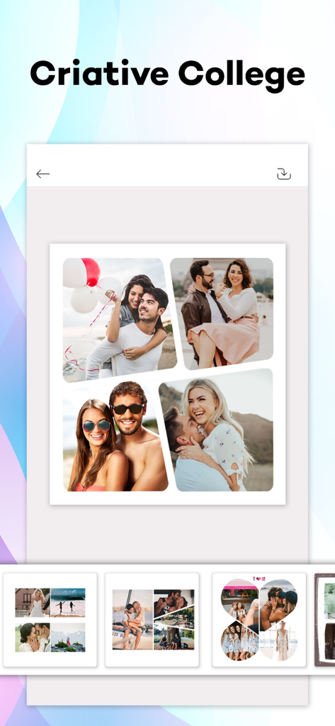 Photo Collage Maker Pic Editor - A mobile app interface displaying a four-photo collage of couples with various creative layout templates below for social media posting.